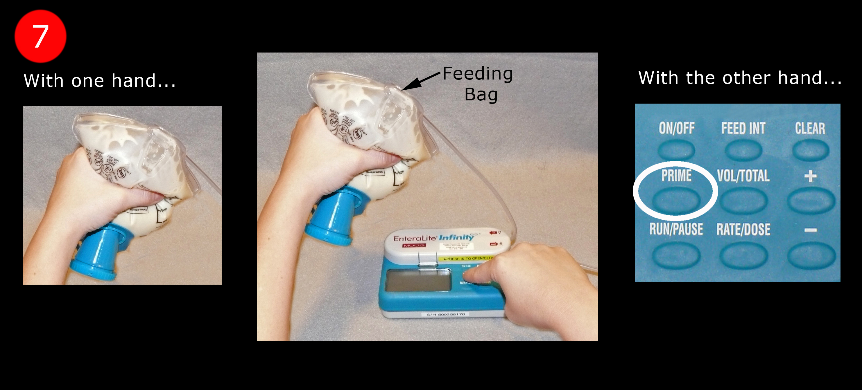 one hand holding feeding bag