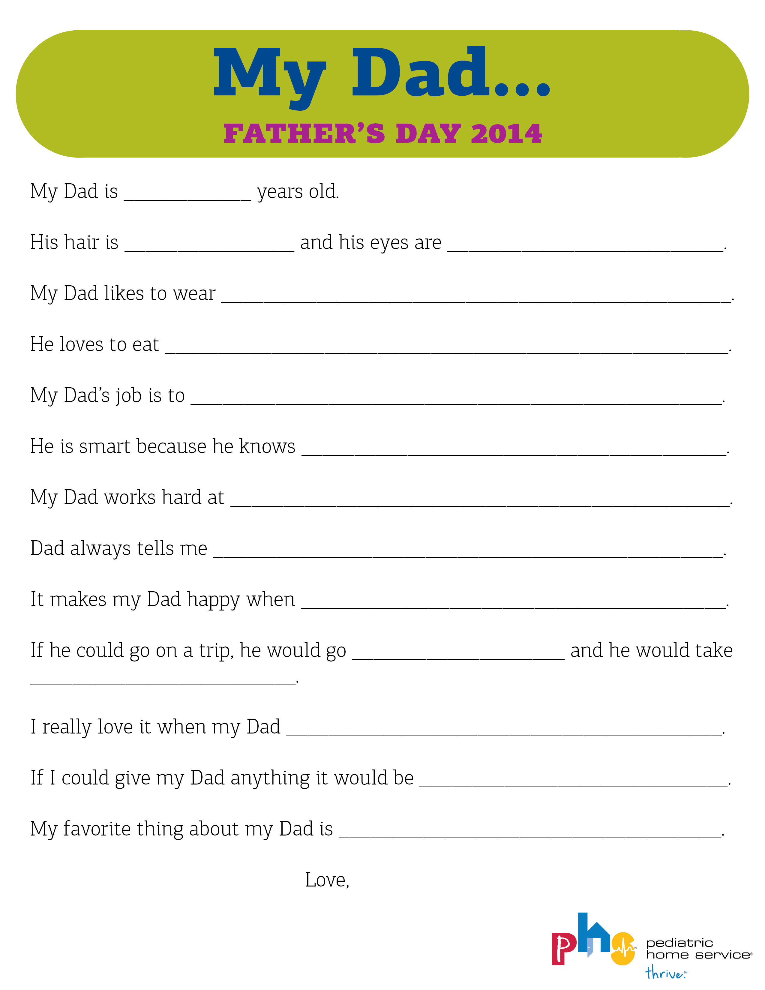 All About Dad A Father's Day Printable Pediatric Home Service