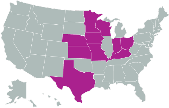 Service Area Map - Minnesota, Iowa, Wisconsin, Nebraska, Kansas, Missouri, Indiana, Ohio, Kentucky, Texas